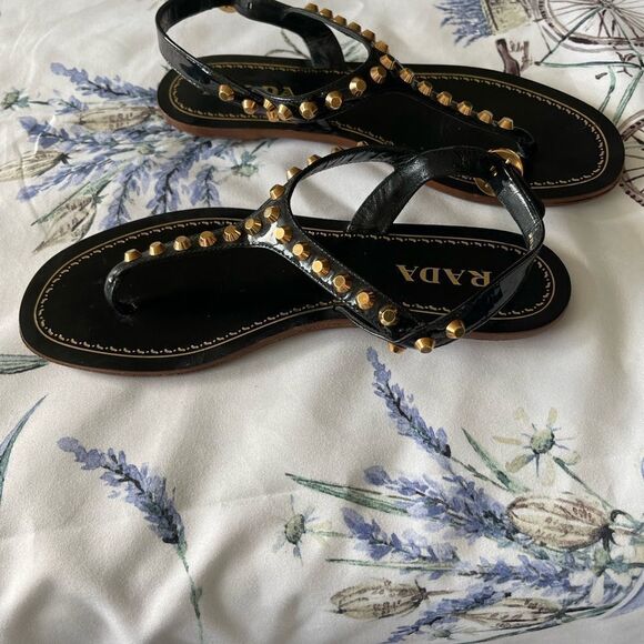 Prada black patent leather/gold stud sandals - Picture 10 of 11
